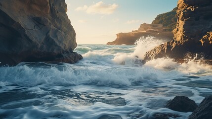 This is a stunning image of a sea that is wavy and surrounded by rocks and cliffs