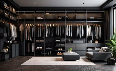 Walk-in closet with charcoal gray walls and black shelving units - obrazy, fototapety, plakaty