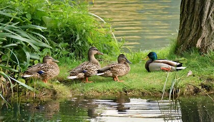 wild ducks on the shore of a pond