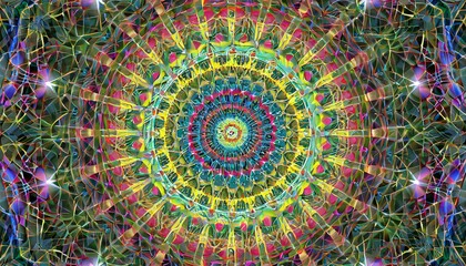 24 point pulse an abstract fractal work with a geometric 24 point pulse circular design in yellow green pink blue and red