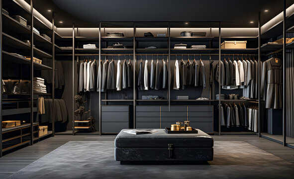 Walk-in closet with charcoal gray walls and black shelving units