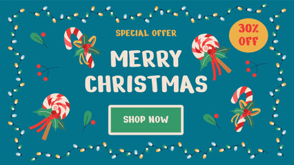 Merry Christmas, happy new year, sale promotion poster. Web page or banner template with candle, garland.