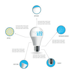 Infographics of the parts of a LED bulb. Circular infographics with a LED bulb in the center and around the parts, its name and space for a brief explanation.