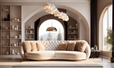 Tufted curved sofa against arched window. Bookcase and fluffy fur pendant lamps