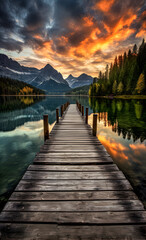 A pier by a lake in the mountains