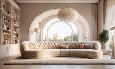 Tufted curved sofa against arched window. Bookcase and fluffy fur pendant lamps