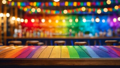 miami bar background with empty wooden table for product display indoor blurred background colorful rainbow color bokeh lights copy space lgbt pride rainbow flag symbol gays and lesbians lgbt l - obrazy, fototapety, plakaty