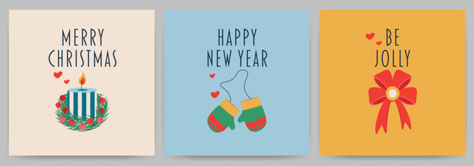 Postcard with text happy new year, merry christmas, happy holiday, bow, glove, candle.
