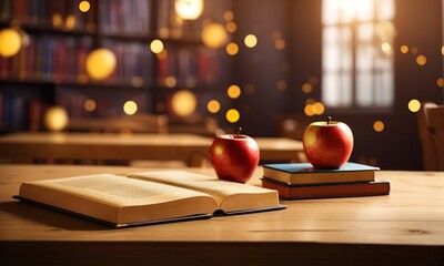 book and apple, education decorations with defocused background