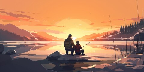 A man and child are pictured fishing on a serene lake at sunset. This image can be used to depict a peaceful bonding moment between a father and child.