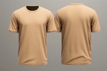 Two tan men's t-shirts are displayed on a plain gray background. This versatile image can be used to showcase clothing options, promote fashion brands, or illustrate casual style - obrazy, fototapety, plakaty