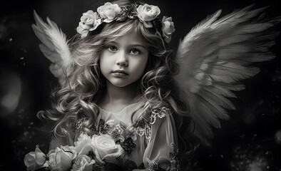 Black and white image of a cute baby angel