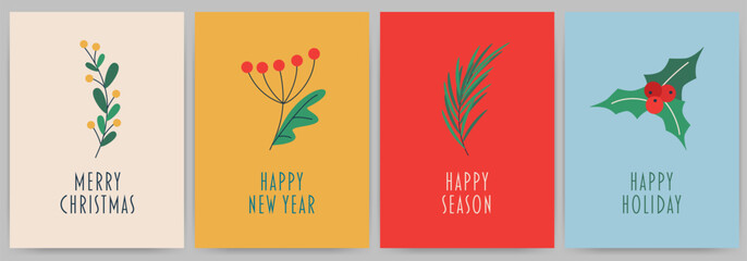 Fototapeta na wymiar Postcard with text happy new year, merry christmas, happy holiday, season, branch.