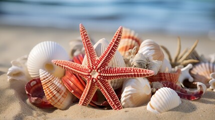 Fototapeta na wymiar A starfish is standing on top of shells
