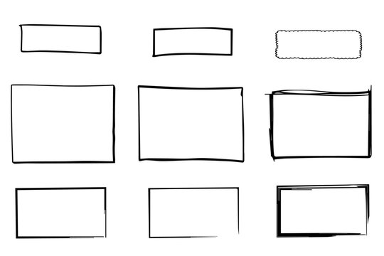 Handdrawn doodle charcoal pen grunge square rectangle borders. Frame and box elements with marker details. Rectangle, border, and brush squares. Squares rectangle vector set in sketch style