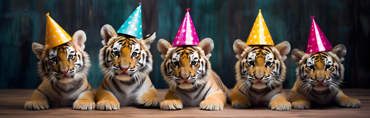 Five tiger cubs wear happy birthday party hats. They sit on wood. Blue wall behind. They look...