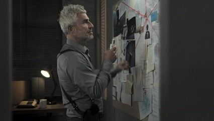 police detective recording thoughts at the evidence board,officer investigator using voice recorder to take notes