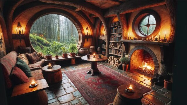 A house in the forest. A cozy living room. fantasy world. background art, wallpaper. 