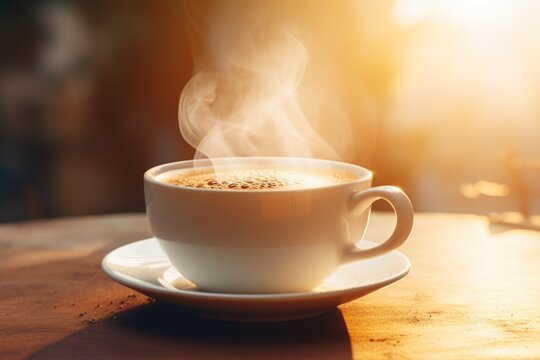 A close-up image of a cup of coffee with steam rising out of it. Perfect for coffee lovers and cafe themes