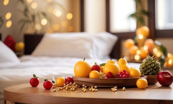 fruit and decorations with defocused hotel bedroom background