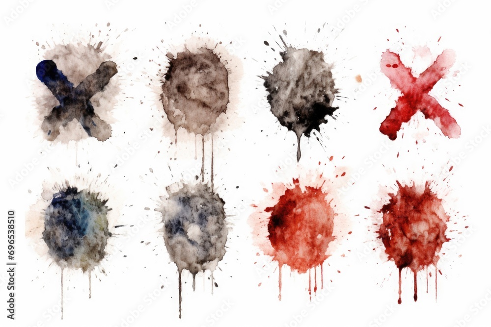 Poster A collection of six different colored ink splatters. Perfect for adding a vibrant and artistic touch to your designs