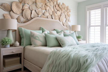 A 3D oyster shell wall pattern in a coastal-inspired bedroom with a seafoam green palette and soft linens. 8k,