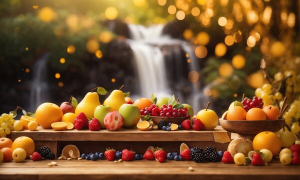 fruit and food decorations with defocused waterfall background