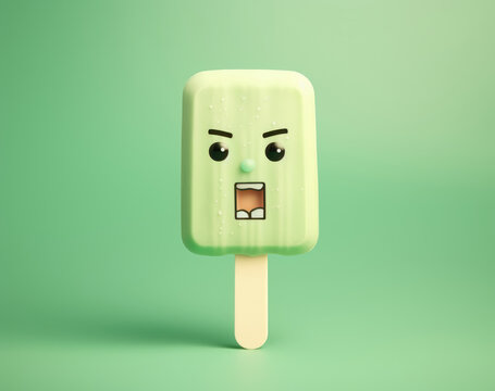 Animated light green ice pop character with an angry face on a green background.
