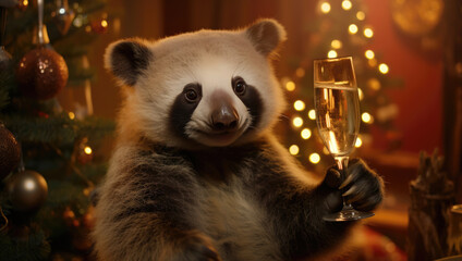 Baby panda celebrating with champagne in festive decor.