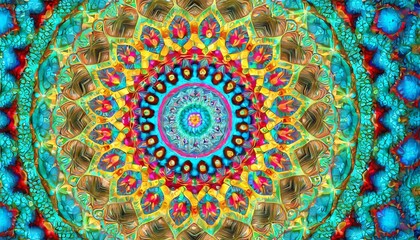 brain teaser a colorful psychedelic fractal image with an optically challenging circular design in yellow blue red and turquoise