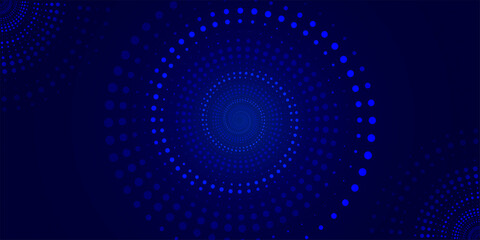 Abstract blue background with a series of dots from small to large twisted in a spiral for presentations, web design on a technological theme.