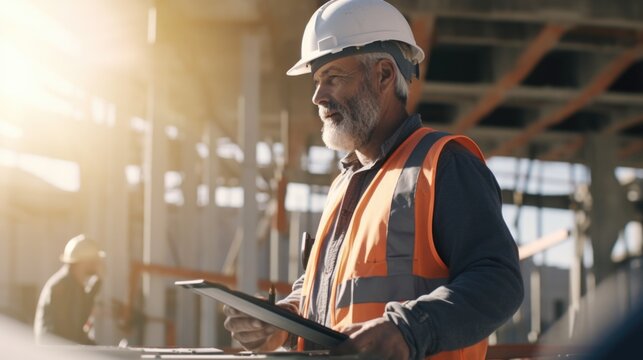 A man wearing a hard hat and safety vest holds a tablet. This image can be used to represent technology in the construction industry