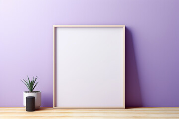 A bold cedar frame on a pale lemon wall, featuring a blank cobalt mockup, illuminated by a soft plum radiance, empty blanked mockup, 8k,