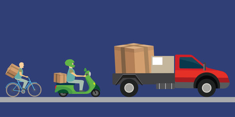 Concept of delivery service, delivery of parcels by different means of transport