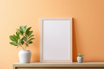 A bold elm frame on a pale orange wall, featuring a blank lime mockup, illuminated by a soft periwinkle radiance, empty blanked mockup, 8k, - obrazy, fototapety, plakaty