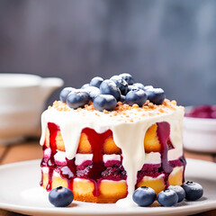 a cake with flowing streams of jam and white cream, decorated with blueberries on top, stands on a plate on the kitchen table