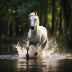 Photo of a white horse passing through water, Ai generator