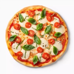 Margherita pizza with mozzarella cheese, tomatoes and basil isolated on a white background, AI generator