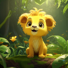 Leão amarelo fofo e feliz na floresta tropical com folhagens verdes - Ilustração de personagem infantil 3D