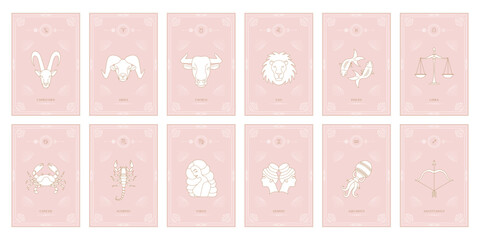 Fototapeta na wymiar Zodiac astrology horoscope set. Celestial mystical zodiacal horoscope templates for logo, poster or card.