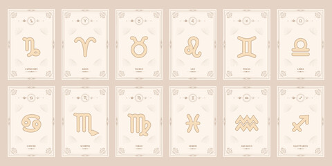 Zodiac astrology horoscope set. Celestial mystical zodiacal horoscope templates for logo, poster or card.
