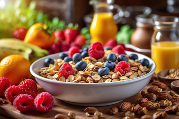 Healthy Vegetarian Breakfast at the Table With Eggs, Fruits, Vegetables and Grains.