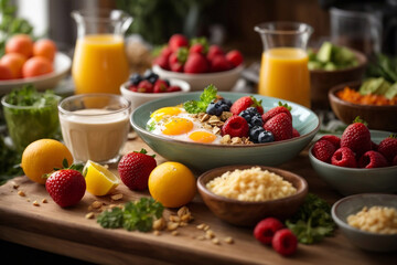 Healthy Vegetarian Breakfast at the Table With Eggs, Fruits, Vegetables and Grains.