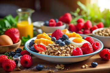 Healthy Vegetarian Breakfast at the Table With Eggs, Fruits, Vegetables and Grains.