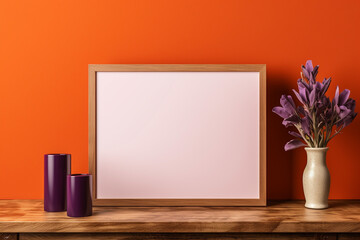 A classic cedar frame on a rich coral wall, holding a blank amethyst mockup, accented with a warm bronze glow, empty blanked mockup, 8k,