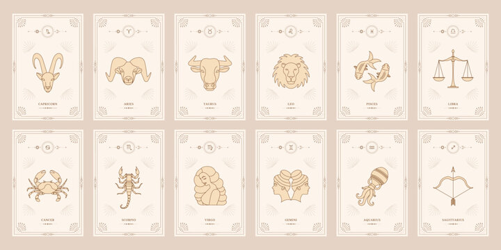 Zodiac astrology horoscope set. Celestial mystical zodiacal horoscope templates for logo, poster or card.