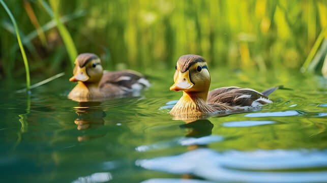 A horizontal picture of two mallard ducks soaking up water in a lake in hallstatt, austria.