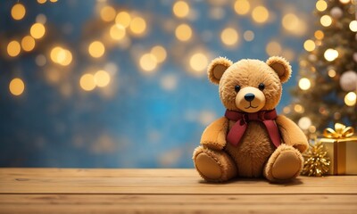 Toy bear and decorations with defocused background with golden bokeh