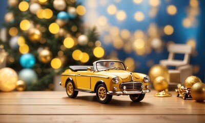 Car and decorations, close up with defocused background with golden bokeh