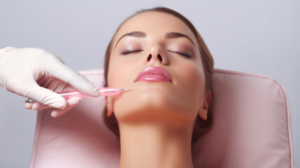 Beauty woman receiving cosmetic injection in face on light background. Cosmetic procedure